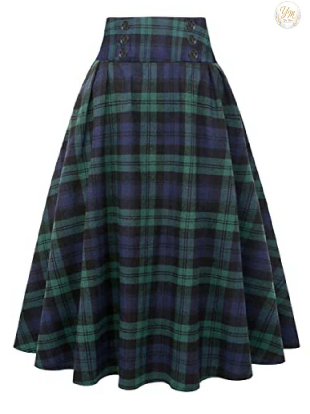 High Waist Plaid Pleated Midi A-Line Skirt with Pockets